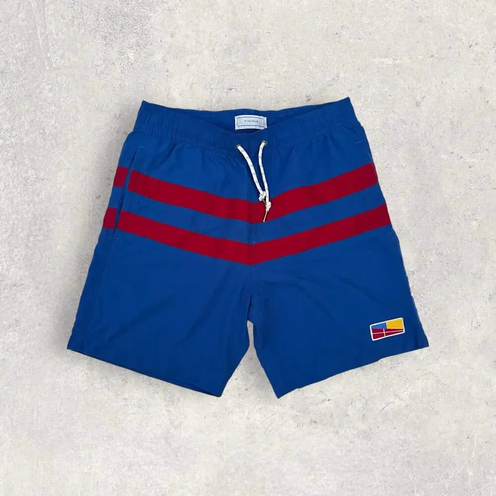 Vintage Five Four Men’s Blue Swim Shorts with Red Stripes Sz: 30